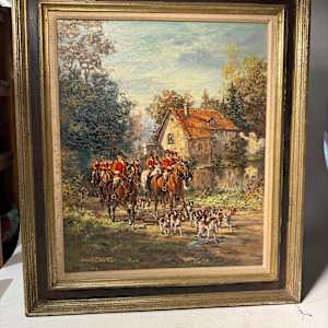 Original painting of fox hunt with horses and hounds by Herbert Isenberg