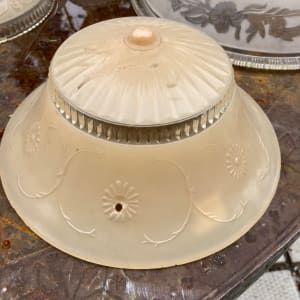 1940's ceiling fixture ~ frosted cream  and clear floral pattern with ribs 