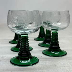 set of 6 Roemer etched wine glasses with emerald green base 