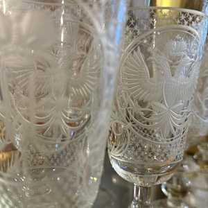 Set of 8 heavily etched Russian wine glasses 