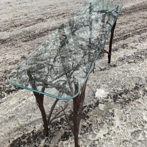 4' long wrought iron glass top twig entry accent table 