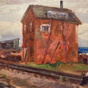 Framed rail yard painting with red building on board 