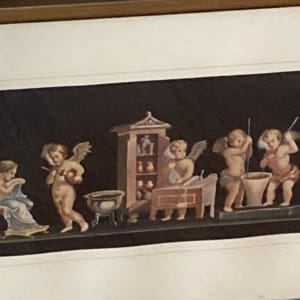 Framed Pompeiian Putti figures  Image: In Ancient Rome, Roman perfumes were produced in the form of unguents, oil-based ointments to be used on the skin. A mural decorating the House of the Vettii or Casa dei Vettii (VI xv,1) in Pompeii, Italy (abandoned AD 79), is evidence of how Roman perfumes were prepared and sold. From right to left <—: Two putti (cherubs) hammer the wedges of a press, to squeeze the oil out of unripe olives. On their left, a psyche (goddess or spirit) stirs a mixture in a cauldron over a fire (probably steeping plants in warm oil). Two putti stir the contents of a deep vessel, which may have to be added to the olive oil. On their left, another putto (one cupid) holds a phial and has both a papyrus scroll and a pair of scales. Behind the putto is a cupboard containing phials and a statue of a deity. The story finishes with the sale: the purchaser tests the perfume on her wrist. Behind her is a slave girl and a putto stands in front of her holding a phial and a spatula. (Text: Gianluca Farusi, Smell like Julius Caesar, in The European Journal for Science Teachers, Issue 21, Nov. 11, 2011)