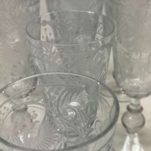 Set of 10 heavily etched Russian wine glasses 