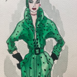 framed 1940's original fashion watercolor with long Green dress 