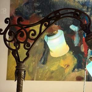 Bridge floor lamp with hand painted shade 