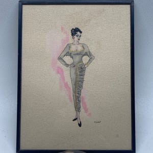 Framed1940's original fashion watercolor with long Grey gown 