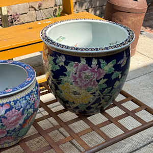 Chinese jardiniere with black with bright flowers 