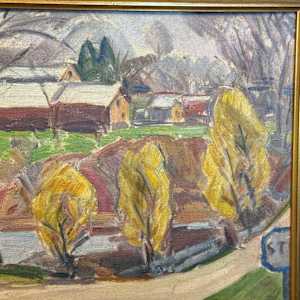 Framed barn painting with stop sign, Image 2.