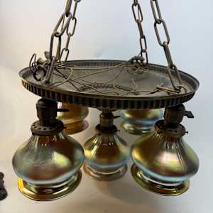 Arts and Crafts era 5 light chandelier with hand blown shades 