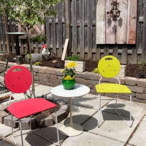 post modern chair with white iron frame and Chartreuse wooden seat 