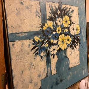 Framed painting of blue and yellow flowers 