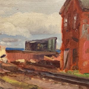 Framed rail yard painting with red building on board 