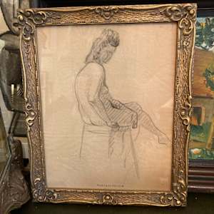 framed 1940's nude drawing by Marie~Louise Belloir 