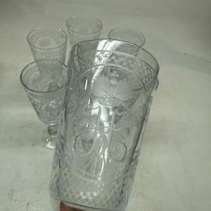 Set of 10 heavily etched Russian wine glasses 
