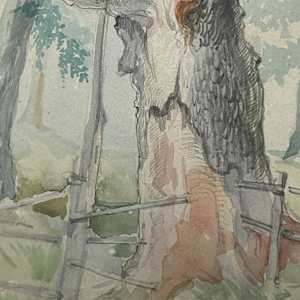 Original watercolor of tree and fence 