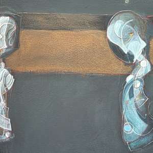 Abstract painting dark horizontal with 4 figures 