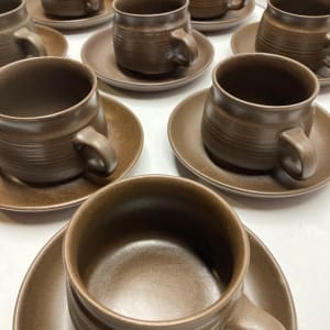 Set of 10 Denby / Langley Mayflower pottery cups and saucers 