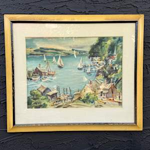 Framed watercolor of sailboats 
