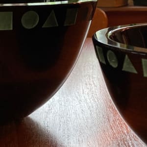 small Vintage Sasaki Black glass bowl with geometric shapes 