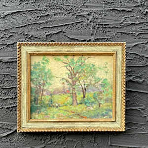 Carl G. T. Olson original painting on board landscape with person near trees #132 
