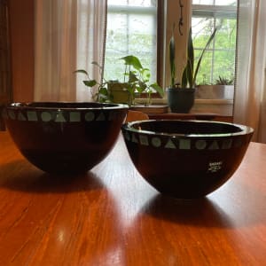 large Vintage Sasaki Black glass bowl with geometric shapes 