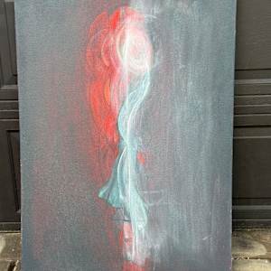 Abstract painting with red and white on grey 