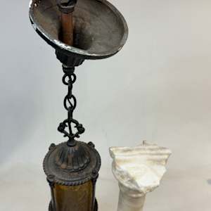 1920's entry iron light fixture with amber glass 