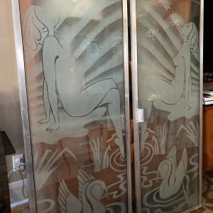 Pair of etched glass deco nude women windows 