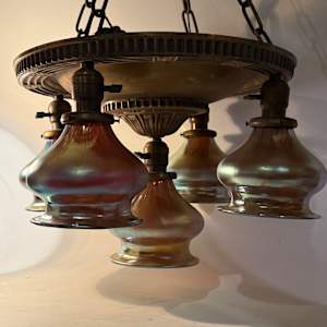 Arts and Crafts era 5 light chandelier with hand blown shades 