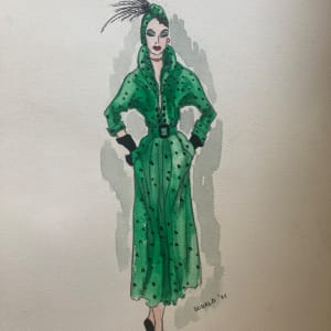 framed 1940's original fashion watercolor with long Green dress 