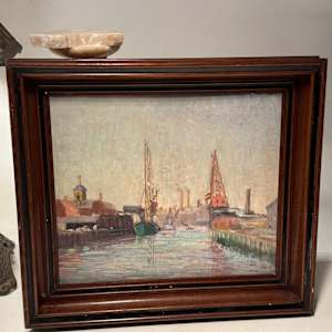 framed Carl G. T. Olson  original painting on board Boston harbor #114 