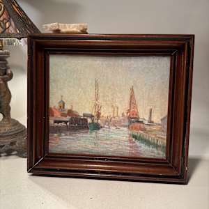 framed Carl G. T. Olson  original painting on board Boston harbor #114 