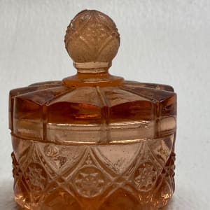 Art Deco pink pressed glass covered perfume dish by Perfume 