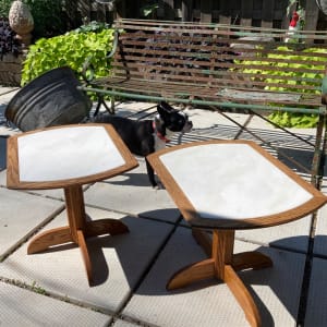 pair of oak and white faux stone top tables 