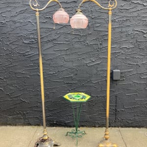 ornate footed brass bridge floor lamp with pink art deco shade 