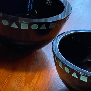 small Vintage Sasaki Black glass bowl with geometric shapes 
