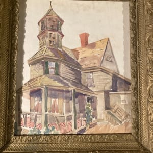 framed watercolor of Victorian home by Schultz 1940's 