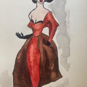 Framed original 1940's fashion watercolor with long red gown 