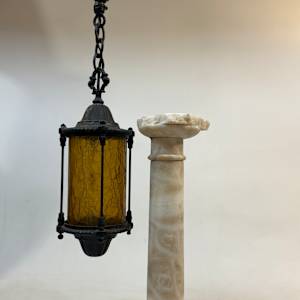 1920's entry iron light fixture with amber glass 