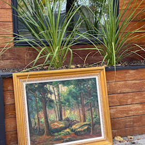 Carl G. T. Olson original painting of a forest scene with bolders on canvas #174 