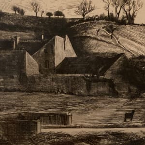 Original framed farm etching with horse 