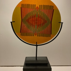 Lynn Latimer art glass disc with iron stand 