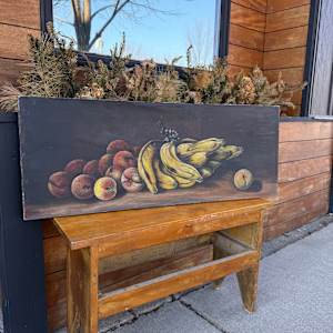 unframed vintage painting of bananas and peaches on canvas, Image 1.