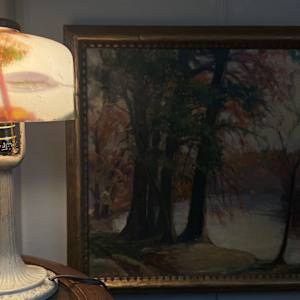 Reverse hand painted Moe bridges table lamp 