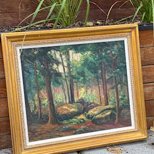 Carl G. T. Olson original painting of a forest scene with bolders on canvas #174 