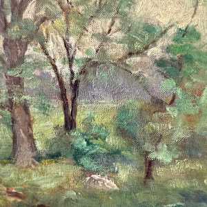 Carl G. T. Olson original painting on board landscape with person near trees #132 