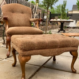 Newly upholstered 1930's arm chair and ottoman 