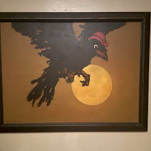 Laurence Schultz original painting of Crow with hat over moon by Laurence Schultz