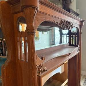 Solid oak mantle with over mirror, Image 1.